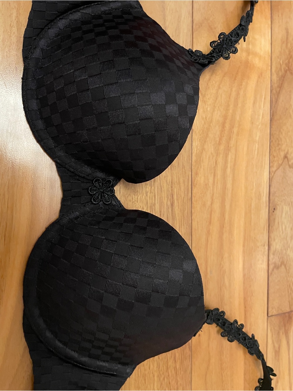 L'AGENCE Black Checker-Textured Molded Bra with Floral-Strap Detail